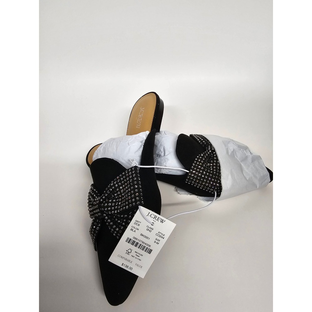 J.Crew Women Crystal Bow Mules Black Pointed Toe Flat Slip On Shoes Size 9M